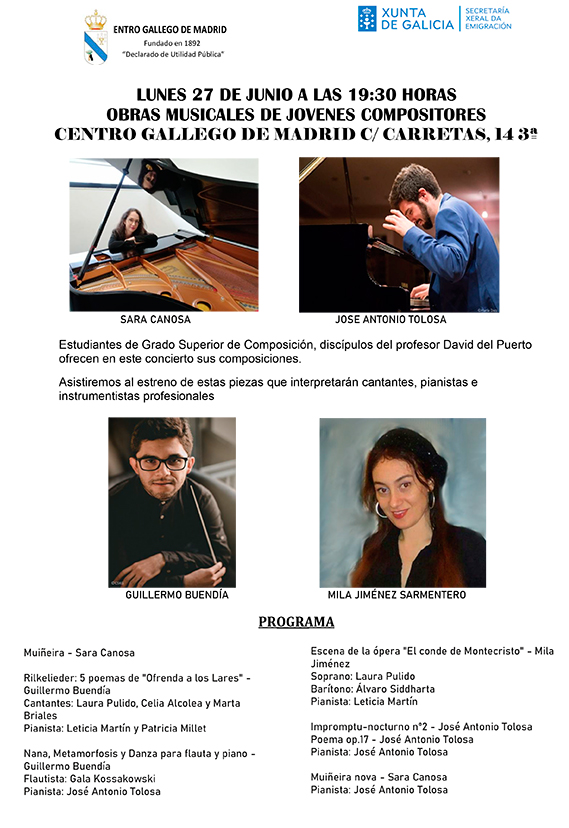 Concierto de Obras Musicales de Jóvenes Compositores en el Centro Gallego de Madrid